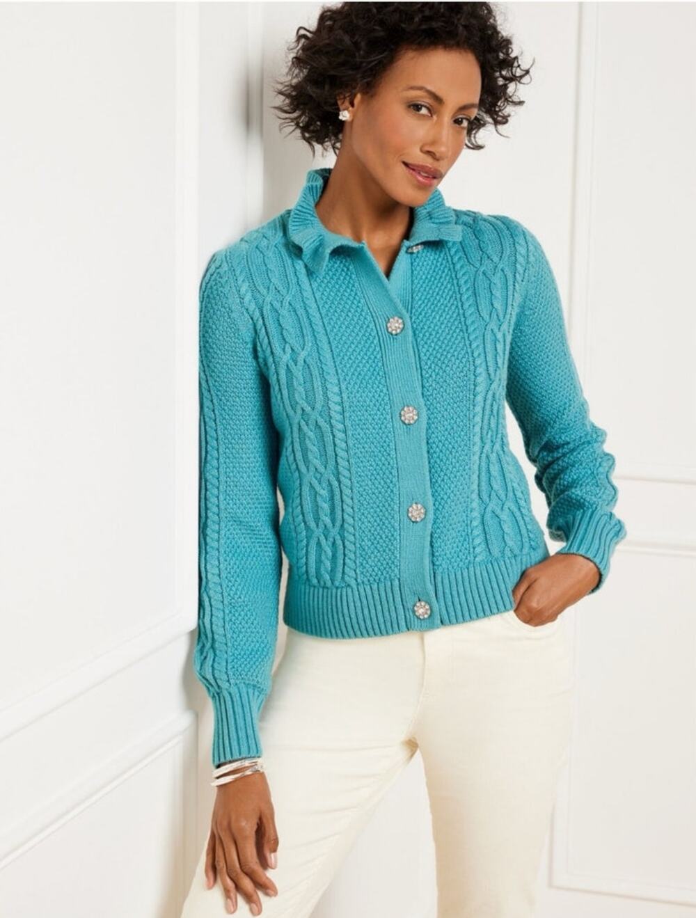 Talbots Aqua Cable Knit Ruffle Mock Neck Cardigan Cozy Sweater Size LP